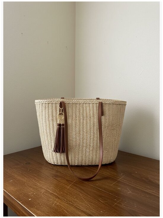Handbags - Large Straw Tote Bag with Tassel for Beach Travel Shoulder Handbag